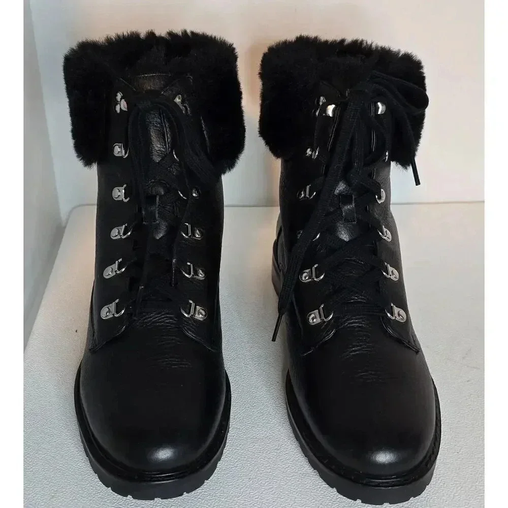 WOMEN'S LAUREN RALPH LAUREN LEATHER TIE ANKLE BOOTS LANESCOT FAUX FUR BLACK 10 B - Picture 2 of 12